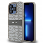 DKNY &ndash; DKNY PU odos dėklas su pasikartojančiu ra&scaron;tu ir toninėmis juostelėmis, skirtas iPhone 15 Pro, smėlio spalvos