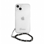 &bdquo;Guess&ldquo; Apple iPhone 13 dėklas su užra&scaron;u ir juodomis perlų detalėmis, permatomas