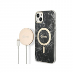 Rinkinys Guess GUBPP14SHMEACSK Case+ Charger iPhone 14 6,1' juodas / juodas kietas dėklas Marble MagSafe