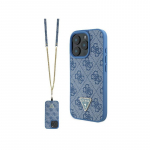 Guess Leather Metal Logo Strass Crossbody dėklas, skirtas iPhone 16 Pro &ndash; mėlynas