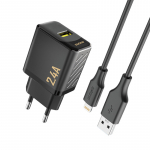 &bdquo;Dudao A23LEU 2.4A GaN EU USB-A sieninis įkroviklis su USB-A į &bdquo;Lightning&ldquo; laidu &ndash; juodas