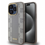 DKNY &bdquo;Magsafe&ldquo; PU odos dėklas, skirtas &bdquo;iPhone 15 Pro Max&ldquo;, smėlio spalvos, su languotu ra&scaron;tu