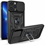 Hybrid Armor Camshield dėklas iPhone 13 Pro &scaron;arvuotas dėklas su fotoaparato dangteliu juodos spalvos