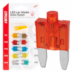 Mini automobilių saugikliai su LED diodais, 10 vnt. AMIO-04340