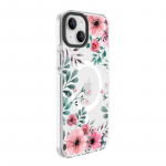 &bdquo;Evelatus&ldquo; dėklas &bdquo;Apple iPhone 15 PC+TPU&ldquo; su &bdquo;MagSafe&ldquo; pritaikytu spaudiniu, permatomas, gėlės spalvos