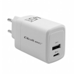 &bdquo;Qoltec 51825 GaN 45W&ldquo; įkroviklis, 5&ndash;20 V, 1,5&ndash;3 A, 1 x USB-C PD, 1 x USB QC 3.0, baltas