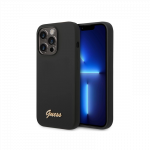 Guess Silicone Vintage Gold Logo iPhone 14 Pro dėklas &ndash; juodas