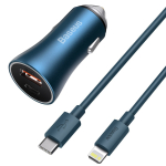 Automobilinis įkroviklis Baseus Golden Contactor Pro, USB + USB-C, QC4.0 +, PD, SCP, 40W (mėlynas) + USB-C - žaibo laidas 1m (mėlynas)