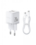 Sieninis įkroviklis Palm 20W USB + USB-C QC3.0 PD3.0 su USB-C kabeliu 1m, baltas