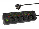 PS-530S 5 lizdų tinklo ilgintuvas 4xUSB 1xUSB-C 3m juodas 2x1mm