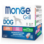 Monge Grill Mix Dog drėgno maisto rinkinys &scaron;unims su la&scaron;i&scaron;a, kiauliena ir ėriena, 12 x 100 g