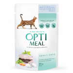 OPTIMEAL&trade; Visavertis konservuotas ėdalas suaugusioms katėms su menke ir daržovėmis drebučiuose, 85 g