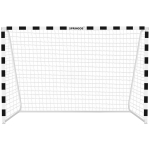 Springos futbolo vartai SG0011, 300x200x90 cm, 38 mm, 60x30 mm, plienas, baltas su juodais elementais, tinklelis, kuoliukai