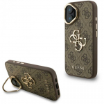 Guess PU 4G Metal Logo Stand Camera Frame dėklas skirtas Apple iPhone 16 rudos spalvos