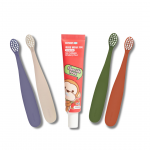 Sveikiems dantukams! Mother-K dantų &scaron;epetėliai mažyliams ir K-MOM dantų pasta be fluoro - Alyvinė, kreminė, žalia ir &scaron;ilta ruda 4 vnt.
