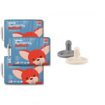 Specialus pasiūlymas! 3 vnt. K-MOM Sauskelnių S dydžio (2-5kg), 68 vnt. + DOVANA Mother-K silikoniniai čiulptukai 2 vnt. - 3 vnt. K-MOM Sauskelnių S dydžio + Pilkas ir kreminis čiulptukai