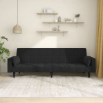 Dvivietė sofa-lova su dvejomis pagalvėmis, juoda, aksomas