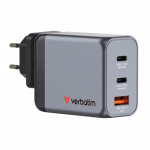 Verbatim 32201 GaN Įkroviklis 65W 3-Port, USB-A/USB-C, EU/UK/US Plug, Pilka/Juoda
