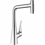 Virtuvė (plautuvės) mai&scaron;ytuvas su i&scaron;traukiamu snapu HANSGROHE Metris Select M71, chromo plunksnos, dviejų srovių, 73816000