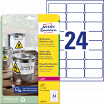 Lipnios etiketės Avery Zweckform, A4, atsparios drėgmei, 63.5x33.9mm, 24 etiketės lape, 20 lapų, baltos spalvos