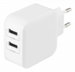 DELTACO USB sieninis įkroviklis, 2x USB-A 2,4 A, i&scaron; viso 24 W, baltas USB-AC175