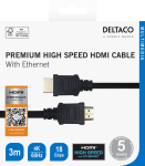 HDMI kabelis DELTACO Premium High Speed, 4K UHD, 3m, juodas / HDMI-1030-K / R00100010