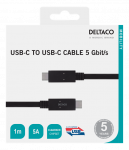 Kabelis DELTACO USB-C - USB-C, 5Gbit/s, 5A, 1M, juodas / USBC-1501M