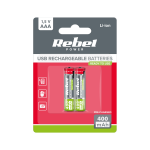 Akumuliatoriai ir baterijos // AA, AAA ir kitų dydžių baterijos, įkrovikliai &ndash; galima užsakyti // Akumulatorki REBEL AAA,400 mAh, Li-ion, 1,5V, 2szt/bl, R3, gniazdo typ C
