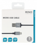 USB sinchronizavimo / įkrovimo kabelis, pintas, USB-A ma - USB Micro B ma, 2m, 2.4A, USB 2.0 DELTACO juodas / MICRO-113F
