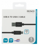 USB-A į USB-C kabelis, 1 m, USB 2.0, pintas, juodas DELTACO / USBC-1132M