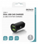DELTACO USB automobilinis įkroviklis, 2x USB-A 18 W, greitas įkrovimas, viso 36 W juodas USB-CAR128