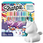Sharpie smulkūs mi&scaron;rių spalvų permanentiniai žymekliai 25 vnt. SPECIALUS &Scaron;VENTINIS EDICIONAS 2025 + Pinigų dėžutė Vienaragis