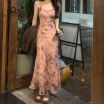 Vasarinė Naujo Prancūzi&scaron;ko Stiliaus Eleganti&scaron;ka Sausos Rožės Spalvos Suknelė su Petne&scaron;ėlėmis, Liemenuota, Žuvytės Uodegos Formos, Aptempta, Su Printu, Auk&scaron;tu Liemeniu S ruda