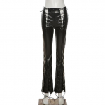 Punk Style Bandage Tiesios kelnės Juodos PU odos Slim Fit High Waist Pie&scaron;tuko kelnės Harajuku Vintage Moterys