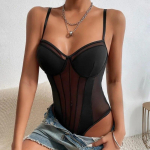 Slim Fit Bodysuit Tops Sexy Perspective Kombinezonas be nugarų moteri&scaron;kas nėrinių tinklelis, sujungimas be rankovių &scaron;liaužtinukai Eleganti&scaron;ki žaidimų kostiumai 30590 M