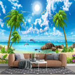 3D gražūs Palm Bičo tapetai Jūros kranto peizažo tapetai Svetainės miegamojo fonas Paplūdimio sienos lipdukas 200 cm(W) x 140 cm(H)