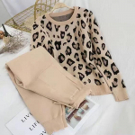 2vnt/komplektas Moteri&scaron;ki megzti leopardo megztiniai megztiniai+kelnių komplektai moteri&scaron;ki madingi džemperiai kelnės 2 vnt Kostiumai Apranga S-XXL