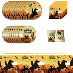 51 vnt. Vakarų kaubojaus vakarėlio dekoracijų, įskaitant lėk&scaron;tes, puodelius, servetėles, staltiesę