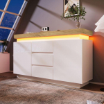 Komoda - MUVOE - 81 x 140 x 39 cm - LED ap&scaron;vietimas - 3 stalčiai - Blizgi balta