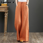 Moteri&scaron;kos lininės kelnės elastinės juostos Retro didelio dydžio vasarinės moteri&scaron;kos dryžuotos madingos laisvos kelnės plačios kojos, didelės, laisvos kelnės S juoda