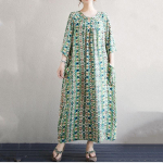 Trumpomis rankovėmis Didelio dydžio medvilninė vintažinė gėlėta nauja suknelė moteri&scaron;ka laisvalaikio laisva ilga vasarinė suknelė žalia