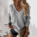Moteri&scaron;ki laisvalaikio palaidinės megztiniai ilgomis rankovėmis megztiniai rudens ir žiemos &scaron;ilti megztiniai moteri&scaron;ki vir&scaron;utiniai V formos i&scaron;kirptės vienspalviai megztiniai, palaidi megztiniai megztiniai XXXL balta