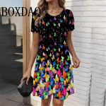 Loose Dresses 3D Butterfly Print Dress For Summer Women Party O-Neck Short Sleeve Dress Elegant Ladies Sundress S