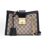 Gucci Padlock Tote krep&scaron;ys su aukso spalvos aksesuaru, rakinama sagtimi, senoviniu gėlių logotipu ir drobiniu peties dirželiu. Basic+Dust Bag juodmedis/juoda