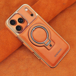 Magnetinis odinis telefono dėklas su stoveliu IPhone 18 Pro Max 17 16 14 Atsparus smūgiams PU dangtelis Galvanizuotas verslo stilius iPhone 17 Pro Max oranžinė