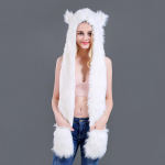 Unisex žiemos &scaron;iltos gyvūno ausys mielas animacinis dirbtinio kailio pliu&scaron;inis gobtuvas skara pir&scaron;tinės kepurė 100cm