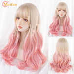 Sintetinis ilgas ombre spalvingas Cosplay perukas Lolita Harajuku su kirpčiukais Natūralūs banguoti Helovino rožiniai purpuriniai mėlyni kasdieniai perukai 13