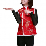 Moteri&scaron;ka žieminė liemenė Kinų Naujųjų Metų stiliaus stovas apykakle, kaklo apsauga be rankovių, vienaeilis, spausdintas, pastorintas &scaron;ventinis &scaron;iltas pavasario festivalis M B