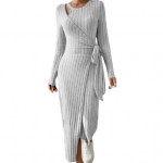 Moteri&scaron;ka rudens žieminė suknelė Suvarstoma suvarstoma, juosmens apvaliu kaklu, netaisyklingu apvadu ilgomis rankovėmis vienspalvė megzta elastinga dryžuota moteri&scaron;ka maxi suknelė