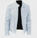 Vyri&scaron;ka Slim Fit PU odos stovo apykakle motociklo striukė su užtrauktuku ir ki&scaron;enės detalėmis. XL balta